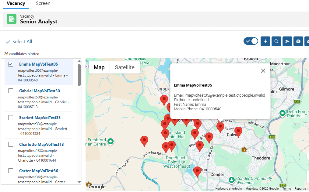 Candidate Search List and Map view, showing plotted candidates near a vacancy