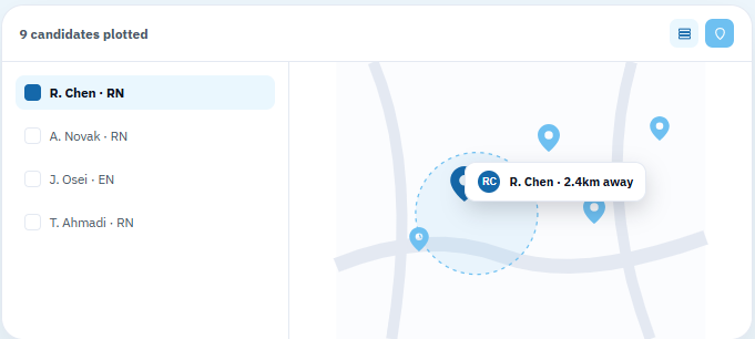 9 candidates plotted, list and map split view with a distance-to-candidate popup