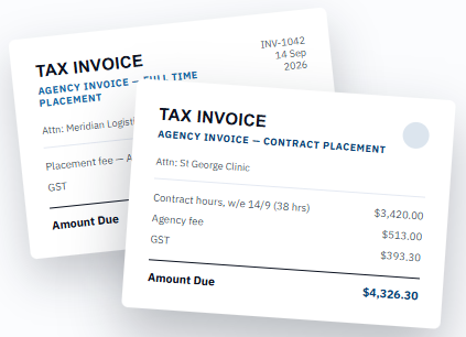 Two agency tax invoices, full time and contract placement, laid over each other